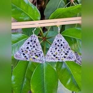 Triangle Knit Earrings Brown Hand Dyed Yarn Black Abstract Cotton